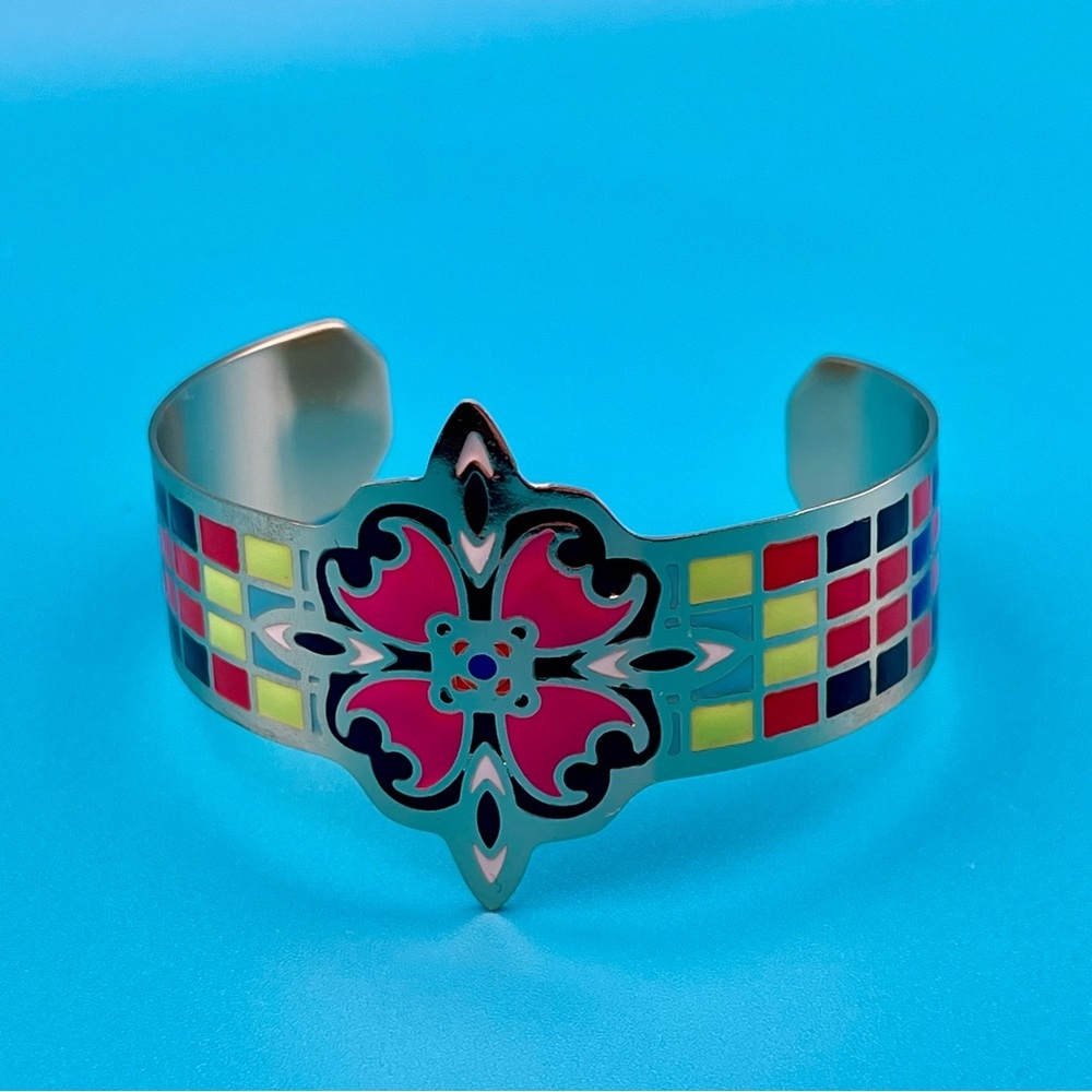 nOir | Metal & Enamel | Floral & Geometric Metal Cuff | OS